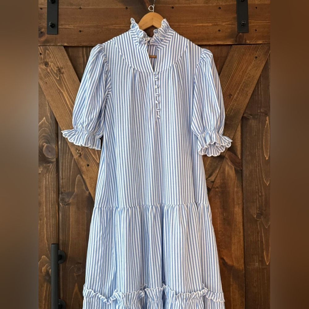 Pomander Place White and Blue Striped Long Sleeve Selena Maxi Dress - Picture 2 of 7